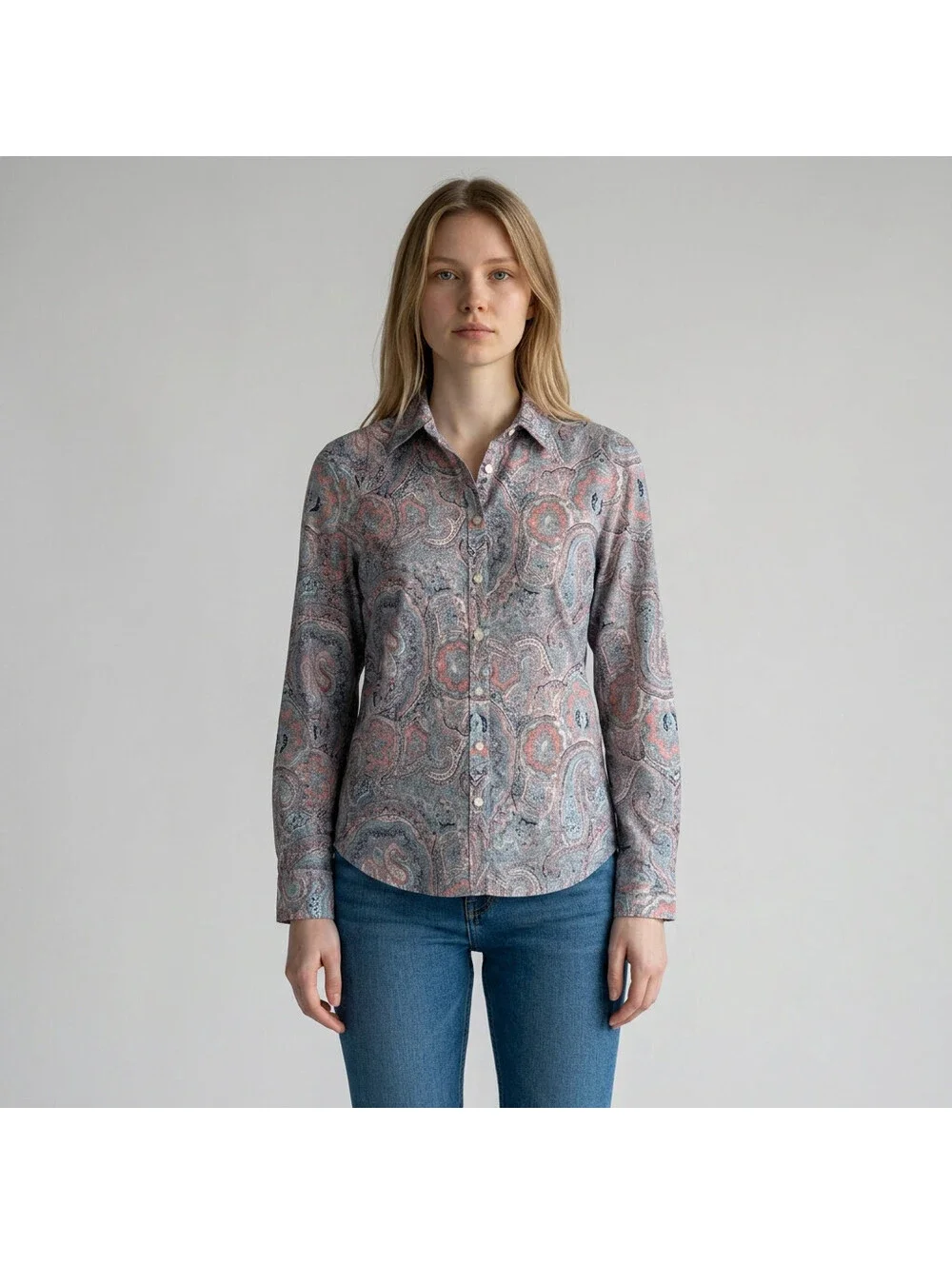 Talbots Shirt Women M Medium Blue Geometric Button Up Collared Long Sleeve